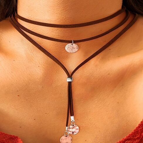 Boho Necklaces for Women Ethnic Brown Turquoise Necklace Vintage Bohemian Suede Choker Necklace Layered Y-shaped Long Wrap Necklace Jewelry Gift for Teen Girls in Saudi Arabia