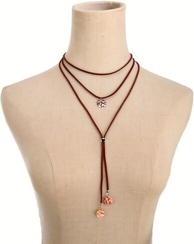 Boho Necklaces for Women Ethnic Brown Turquoise Necklace Vintage Bohemian Suede Choker Necklace Layered Y-shaped Long Wrap Necklace Jewelry Gift for Teen Girls in Saudi Arabia
