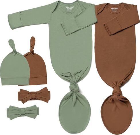 Newborn Baby Knotted Gown, Ultra-Soft Infant Sleeper Coming Home Outfit with Hat, Bowknot (2 Packs) in Kuwait