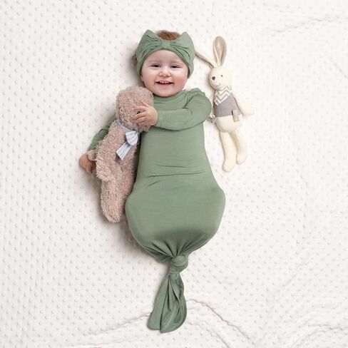 Newborn Baby Knotted Gown, Ultra-Soft Infant Sleeper Coming Home Outfit with Hat, Bowknot (2 Packs) in Kuwait