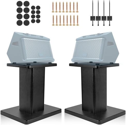 Pair Bookshelf Speaker Stands - 12" Tall Heavy Duty Desktop Rear Speaker Stands for Surround Sound Home Theater, Black Wood Studio Monitor Stand - Supports 60 lbs in Kuwait