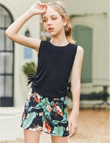 Arshiner Girls Summer Clothing Sets 2 Piece Outfits Knit Ruched Knot Side Tank Top and High Waist Shorts with Pockets in Saudi Arabia