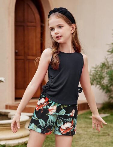 Arshiner Girls Summer Clothing Sets 2 Piece Outfits Knit Ruched Knot Side Tank Top and High Waist Shorts with Pockets in Saudi Arabia