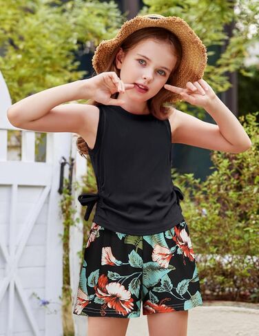 Arshiner Girls Summer Clothing Sets 2 Piece Outfits Knit Ruched Knot Side Tank Top and High Waist Shorts with Pockets in Saudi Arabia