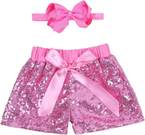 Baby Girls Shorts Kids Sparkle Toddler Sequin Shorts Glitter on Both Sides Birthday Outfits with Headband in Saudi Arabia