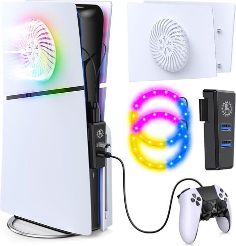 لوحات غطاء لوحدة التحكم PS5 النحيفة مع شريط إضاءة LED، ومحور USB وفتحة تبريد، وألواح واجهة جلدية لقرص وحدة التحكم Playstation 5 النحيفة/الإصدار الرقمي، وغطاء لملحقات PS5 النحيفة، باللون الأبيض in Kuwait