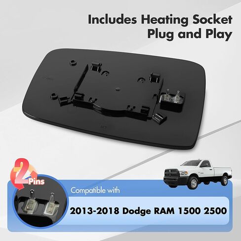 Compatible with Dodge Ram 1500 2500 Driver Side Mirror Glass, 2013 2014 2015 2016 2017 2018 - Left Side Replacement Tow Mirrors, Power Heated, Chrome, with Rear Holder, 68079362AA in Saudi Arabia