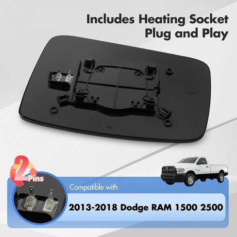 Compatible with Dodge Ram 1500 2500 Driver Side Mirror Glass, 2013 2014 2015 2016 2017 2018 - Left Side Replacement Tow Mirrors, Power Heated, Chrome, with Rear Holder, 68079362AA in Saudi Arabia