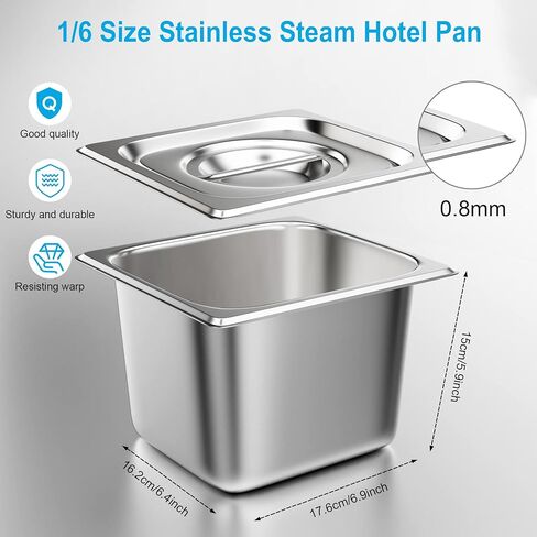 12 Pack Stainless Steam Hotel Pans 1/6 Size x 6 Deep Commercial Steam Table Pans with Lid 0.8 mm Thick Stainless Anti-Jam Hotel Pan Catering Food Pan for Home Hotel Restaurant Party Supplies in Saudi Arabia