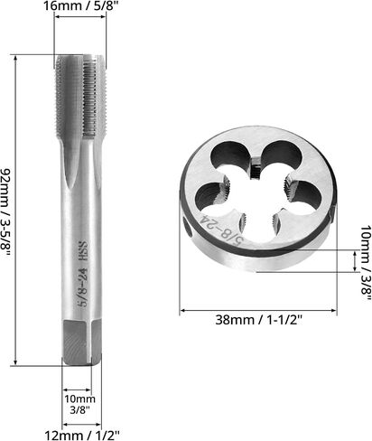 QWORK 5/8"-24 مجموعة الصنبور والقالب، مع قالب دائري 22LR 223 5.56 9 مم، أداة صنبور خيط اليد اليمنى من الفولاذ عالي السرعة in Kuwait