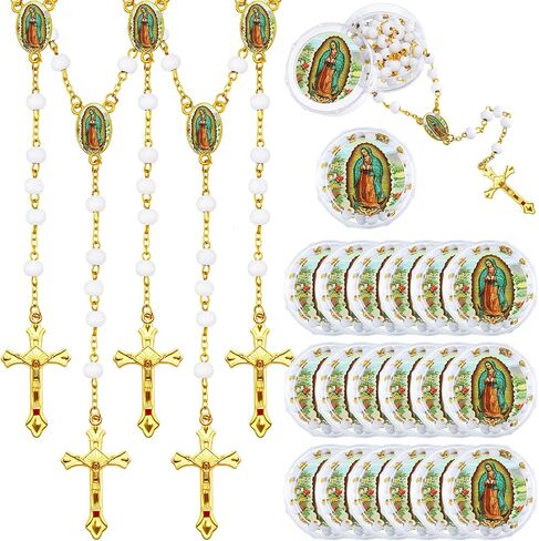 Jadive 100 Pcs Our Lady of Guadalupe Scented Rosary Beads Necklace with Gift Box Wooden Bead Rosary Necklace with Crucifix First Communion Baptism Beaded Necklace Favor in Saudi Arabia