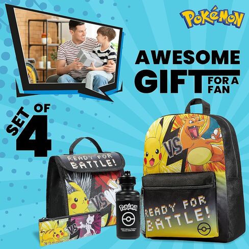 Pokemon Kids Backpack 4 Piece Set School Supplies Rucksack Insulated Lunch Box Kids Pencil Case BPA Free 500ml Water Bottle Pikachu Back to School Gifts for Boys (Black/Multi) in Saudi Arabia