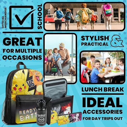 Pokemon Kids Backpack 4 Piece Set School Supplies Rucksack Insulated Lunch Box Kids Pencil Case BPA Free 500ml Water Bottle Pikachu Back to School Gifts for Boys (Black/Multi) in Saudi Arabia