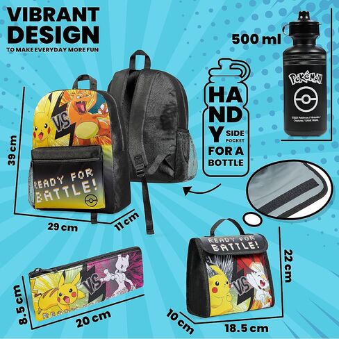 Pokemon Kids Backpack 4 Piece Set School Supplies Rucksack Insulated Lunch Box Kids Pencil Case BPA Free 500ml Water Bottle Pikachu Back to School Gifts for Boys (Black/Multi) in Saudi Arabia