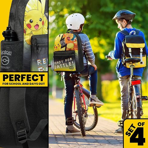 Pokemon Kids Backpack 4 Piece Set School Supplies Rucksack Insulated Lunch Box Kids Pencil Case BPA Free 500ml Water Bottle Pikachu Back to School Gifts for Boys (Black/Multi) in Saudi Arabia