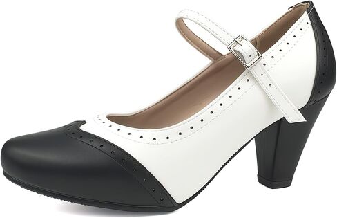 Women's Chunky High Heels 1920s Wingtip Oxfords Retro Pumps Heels 1950s Vintage Black and White Two Tone Saddle Oxford Shoes in Kuwait