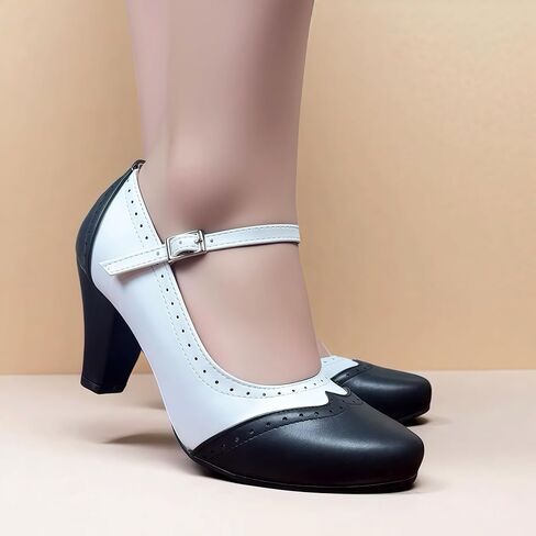 Women's Chunky High Heels 1920s Wingtip Oxfords Retro Pumps Heels 1950s Vintage Black and White Two Tone Saddle Oxford Shoes in Kuwait