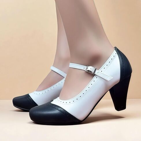 Women's Chunky High Heels 1920s Wingtip Oxfords Retro Pumps Heels 1950s Vintage Black and White Two Tone Saddle Oxford Shoes in Kuwait