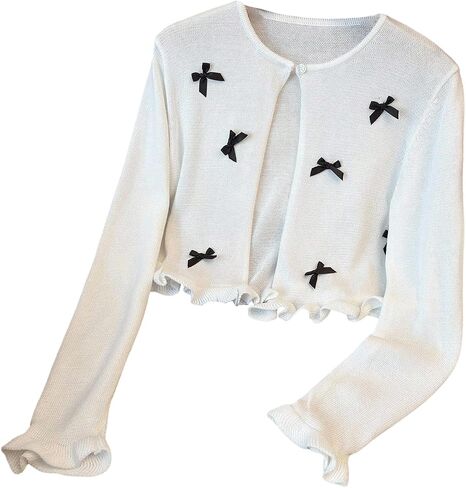 OYOANGLE Girl's Bow Cardigan Sweater Long Sleeve Open Front Ruffle Trim Lightweight Bolero Shrugs in Saudi Arabia