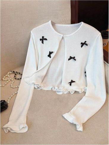 OYOANGLE Girl's Bow Cardigan Sweater Long Sleeve Open Front Ruffle Trim Lightweight Bolero Shrugs in Saudi Arabia