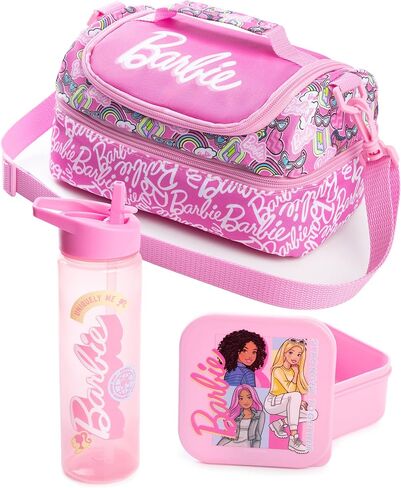 Barbie Girls Pink Lunch Bag with Bottle & Snack Pot | Stronger Together Zip-Up Carry Set | Adjustable Shoulder Strap in Saudi Arabia
