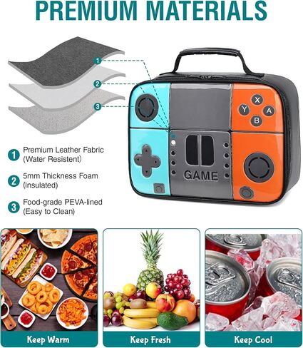Boys Lunch Box,Kids Gamer Lunch Box for Boys,Insulated Leather Lunch Bag for Kids,School Thermal Meal Cooler Lunchbox for Boy Toddler Teen in Saudi Arabia