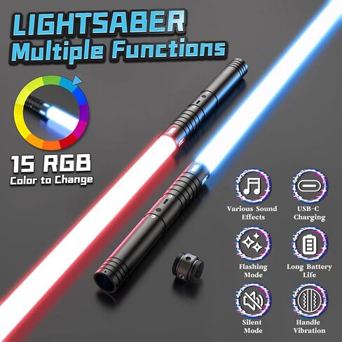 Lightsabers 2 حزمة مع metal hilt ، RGB 15 لون ، 4 أوضاع صوتية FX ، شفرة مضاعفة - المبارزة الأضواء للبالغين والأطفال - مصابيح واقعية لألعاب عيد الميلاد بدلة هدية هالوين كوزبلاي in Kuwait