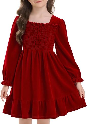 Girls Long Sleeve Dress Velvet Square Neck Midi Fall Winter Long Sleeve Vintage Plain Dress 4-12Y in Saudi Arabia