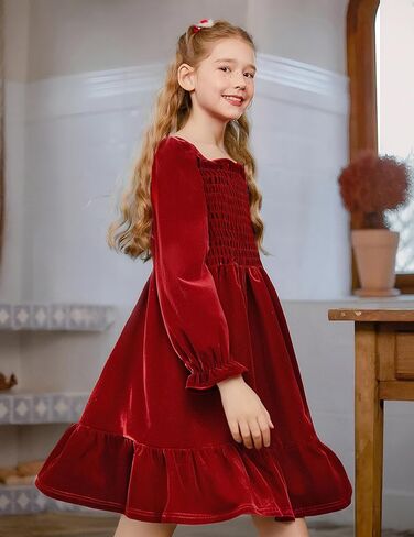 Girls Long Sleeve Dress Velvet Square Neck Midi Fall Winter Long Sleeve Vintage Plain Dress 4-12Y in Saudi Arabia