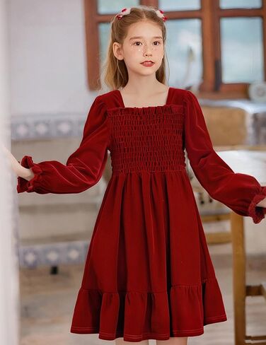 Girls Long Sleeve Dress Velvet Square Neck Midi Fall Winter Long Sleeve Vintage Plain Dress 4-12Y in Saudi Arabia