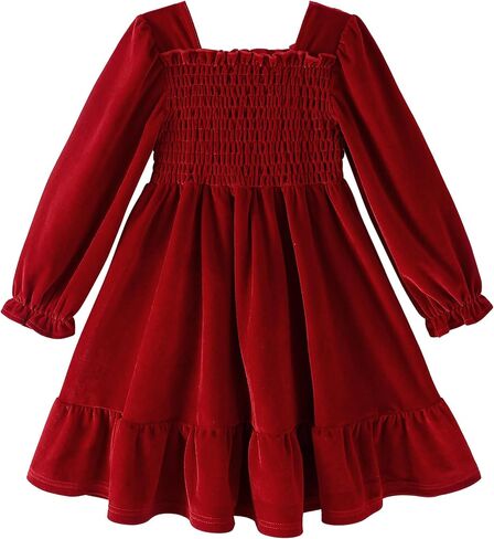 Girls Long Sleeve Dress Velvet Square Neck Midi Fall Winter Long Sleeve Vintage Plain Dress 4-12Y in Saudi Arabia