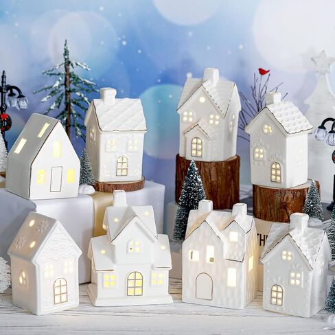 Wesiti 28 Pcs Ceramic LED Christmas Village Set Include 8 LED Christmas Village Houses 18 Xmas Trees 2 Lamp Post Scenes Decor White Porcelain Xmas Figurine Decoration Tabletop Mantel Shelf(Elegant) in Saudi Arabia