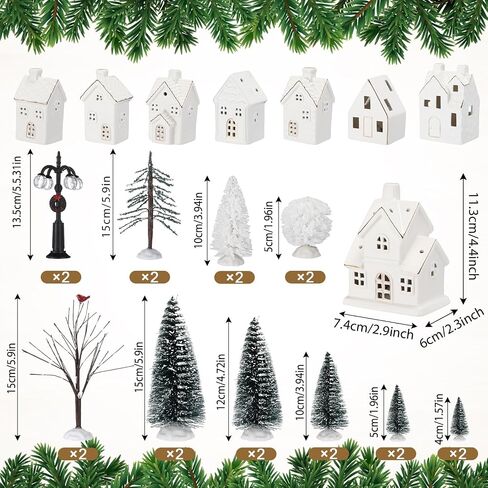 Wesiti 28 Pcs Ceramic LED Christmas Village Set Include 8 LED Christmas Village Houses 18 Xmas Trees 2 Lamp Post Scenes Decor White Porcelain Xmas Figurine Decoration Tabletop Mantel Shelf(Elegant) in Saudi Arabia