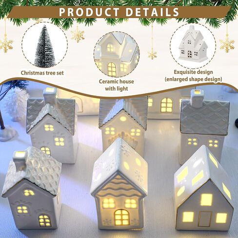 Wesiti 28 Pcs Ceramic LED Christmas Village Set Include 8 LED Christmas Village Houses 18 Xmas Trees 2 Lamp Post Scenes Decor White Porcelain Xmas Figurine Decoration Tabletop Mantel Shelf(Elegant) in Saudi Arabia