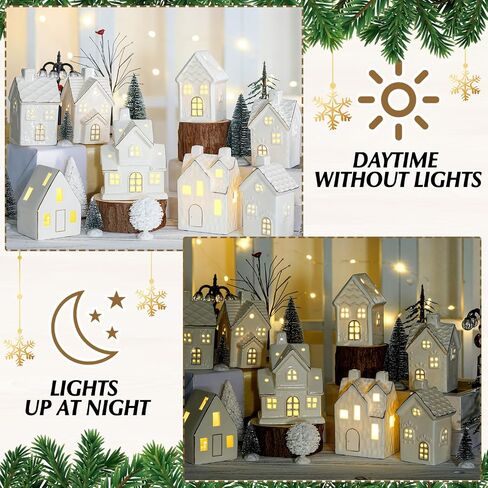 Wesiti 28 Pcs Ceramic LED Christmas Village Set Include 8 LED Christmas Village Houses 18 Xmas Trees 2 Lamp Post Scenes Decor White Porcelain Xmas Figurine Decoration Tabletop Mantel Shelf(Elegant) in Saudi Arabia
