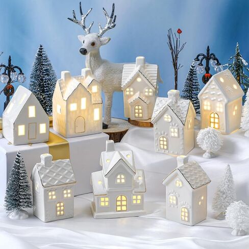 Wesiti 28 Pcs Ceramic LED Christmas Village Set Include 8 LED Christmas Village Houses 18 Xmas Trees 2 Lamp Post Scenes Decor White Porcelain Xmas Figurine Decoration Tabletop Mantel Shelf(Elegant) in Saudi Arabia