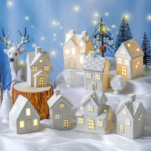 Wesiti 28 Pcs Ceramic LED Christmas Village Set Include 8 LED Christmas Village Houses 18 Xmas Trees 2 Lamp Post Scenes Decor White Porcelain Xmas Figurine Decoration Tabletop Mantel Shelf(Elegant) in Saudi Arabia