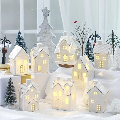 Wesiti 28 Pcs Ceramic LED Christmas Village Set Include 8 LED Christmas Village Houses 18 Xmas Trees 2 Lamp Post Scenes Decor White Porcelain Xmas Figurine Decoration Tabletop Mantel Shelf(Elegant) in Saudi Arabia