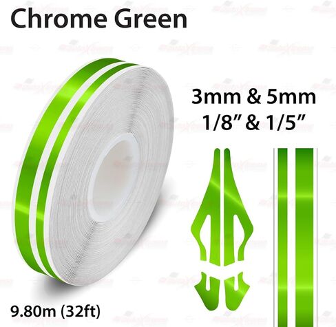Chrome Green ، 1/8 "& 1/5" | 3 مم و 5 ملم ، شريط ملصق ملصق لقران دبوس فينيل ، طول 32 قدمًا | 9.80m ، مناسبة للسيارات والشاحنات والدراجات النارية والدراجات والموديلات والضبط والتصميم ، وأكثر من ذلك بكثير in Kuwait