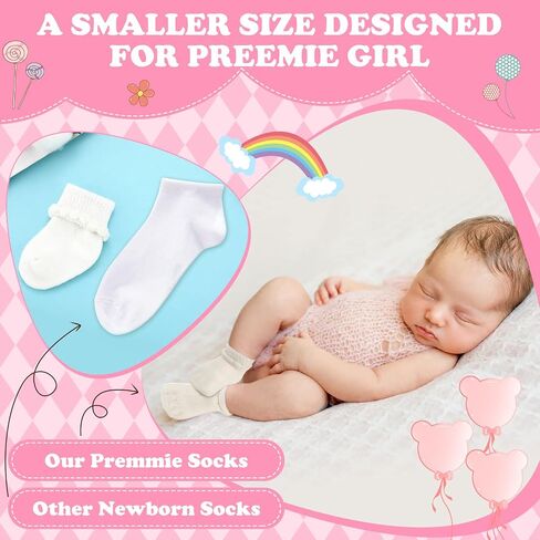 Bonuci 8/24 Pairs Preemie Socks Baby Girls Premature Baby Cotton Turn Cuff Bubble Preemie Socks Nicu for Newborn Hospital in Saudi Arabia