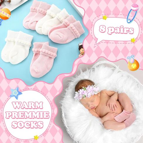 Bonuci 8/24 Pairs Preemie Socks Baby Girls Premature Baby Cotton Turn Cuff Bubble Preemie Socks Nicu for Newborn Hospital in Saudi Arabia