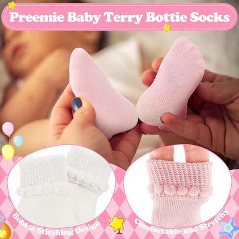 Bonuci 8/24 Pairs Preemie Socks Baby Girls Premature Baby Cotton Turn Cuff Bubble Preemie Socks Nicu for Newborn Hospital in Saudi Arabia