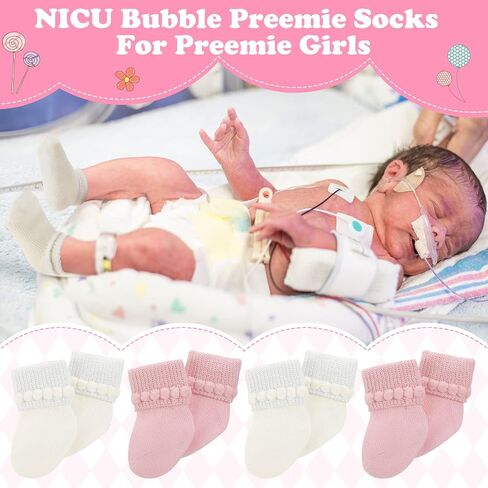Bonuci 8/24 Pairs Preemie Socks Baby Girls Premature Baby Cotton Turn Cuff Bubble Preemie Socks Nicu for Newborn Hospital in Saudi Arabia