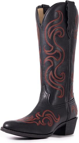 Cowboy Boots for Women Western Cowgirl Boots Classic Ladies Fashion Mid Calf Embroidered Chunky Heel Pointed Toe Boot in Kuwait