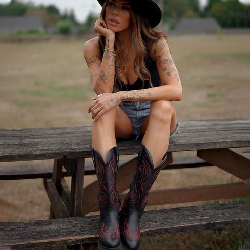 Cowboy Boots for Women Western Cowgirl Boots Classic Ladies Fashion Mid Calf Embroidered Chunky Heel Pointed Toe Boot in Kuwait