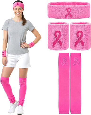 Jecery Breast Cancer Awareness Sweatbands Set of 3 Including 1 Pair of Pink Ribbon Wristbands 1 Pair of Leg Sleeves and 1 Headband for Women Pink Ribbon Calf Leg Socks for Sports in Saudi Arabia
