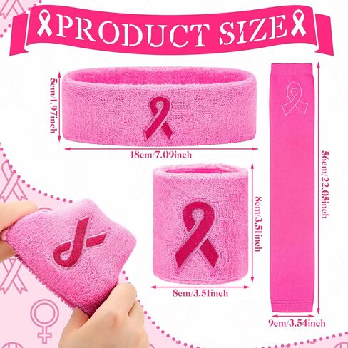 Jecery Breast Cancer Awareness Sweatbands Set of 3 Including 1 Pair of Pink Ribbon Wristbands 1 Pair of Leg Sleeves and 1 Headband for Women Pink Ribbon Calf Leg Socks for Sports in Saudi Arabia