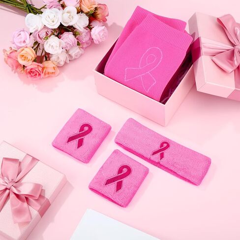 Jecery Breast Cancer Awareness Sweatbands Set of 3 Including 1 Pair of Pink Ribbon Wristbands 1 Pair of Leg Sleeves and 1 Headband for Women Pink Ribbon Calf Leg Socks for Sports in Saudi Arabia