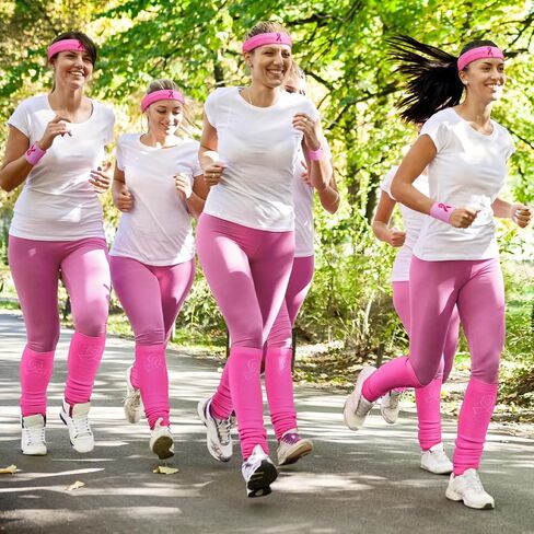 Jecery Breast Cancer Awareness Sweatbands Set of 3 Including 1 Pair of Pink Ribbon Wristbands 1 Pair of Leg Sleeves and 1 Headband for Women Pink Ribbon Calf Leg Socks for Sports in Saudi Arabia