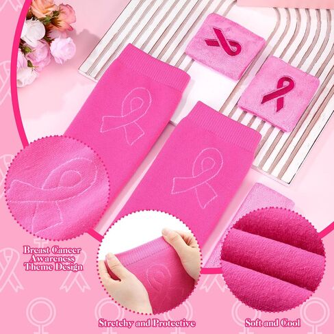 Jecery Breast Cancer Awareness Sweatbands Set of 3 Including 1 Pair of Pink Ribbon Wristbands 1 Pair of Leg Sleeves and 1 Headband for Women Pink Ribbon Calf Leg Socks for Sports in Saudi Arabia